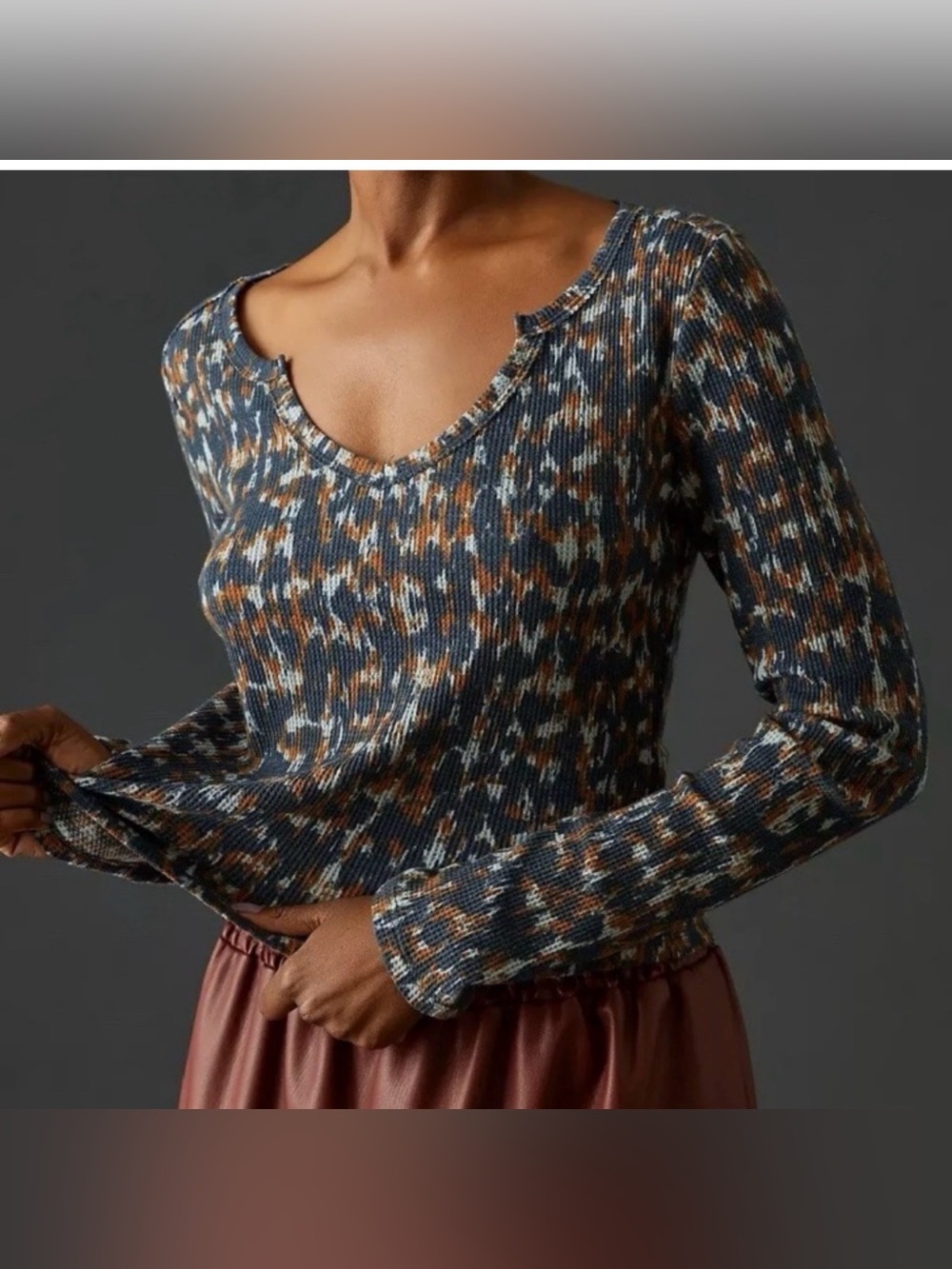Anthropologie Pilcro Printed Ribbed Long Sleeve Top Size Medium Boho Stretch